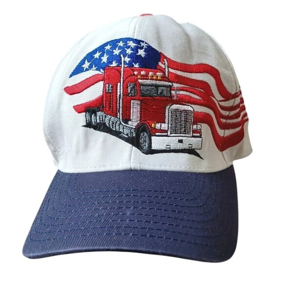 Peterbilt American Flag Truck Embroidered White Blue Adjustable Trucker Cap Hat - Picture 1 of 6